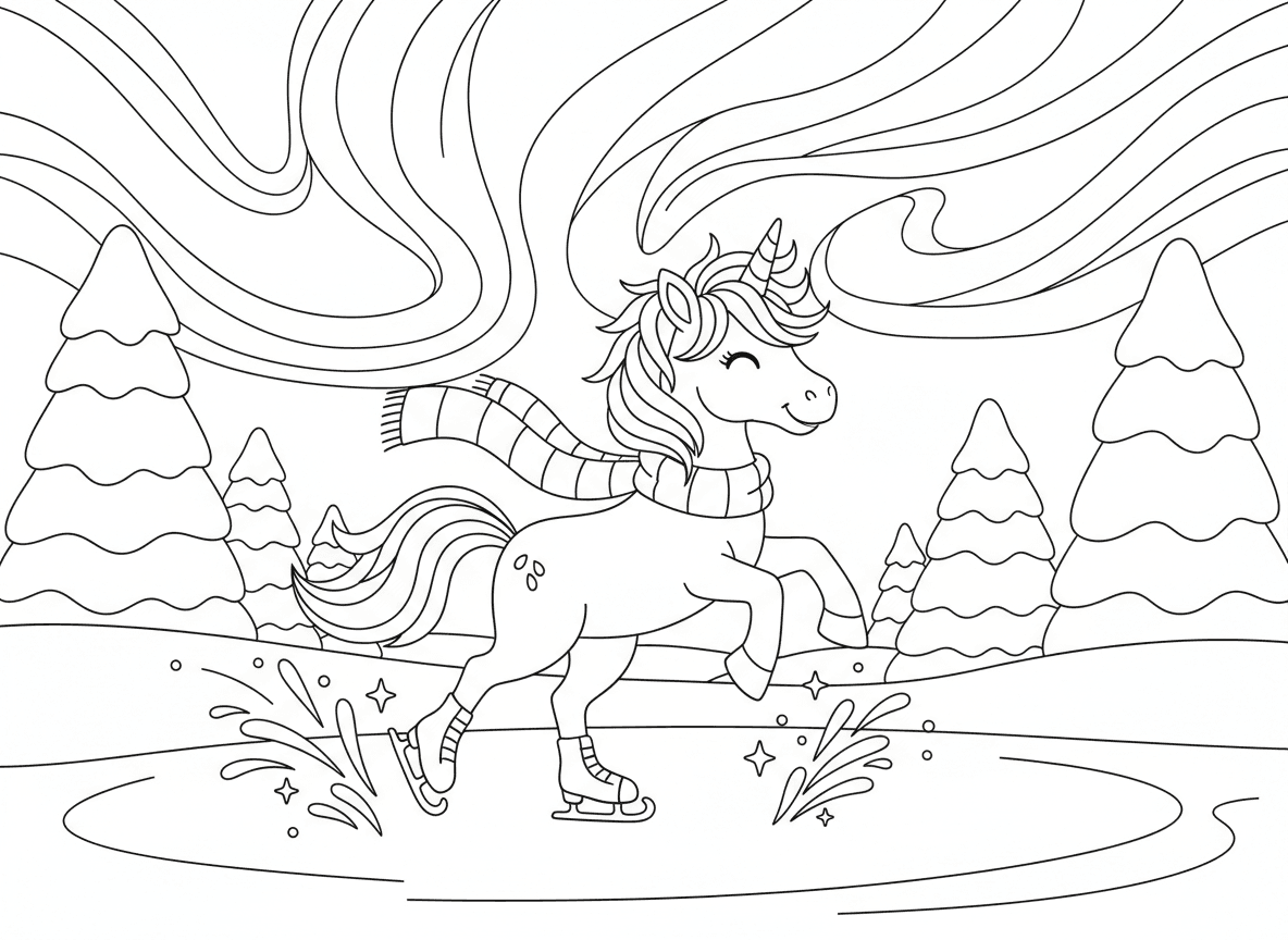 חד קרן מחליק על קרח - חד קרן חינני מחליק על אגם קפוא, עושה סיבוב, גבישי קרח נוצצים, עצי אורן מושלגים סביב, זוהר צפוני בשמיים, צעיף מתנופף