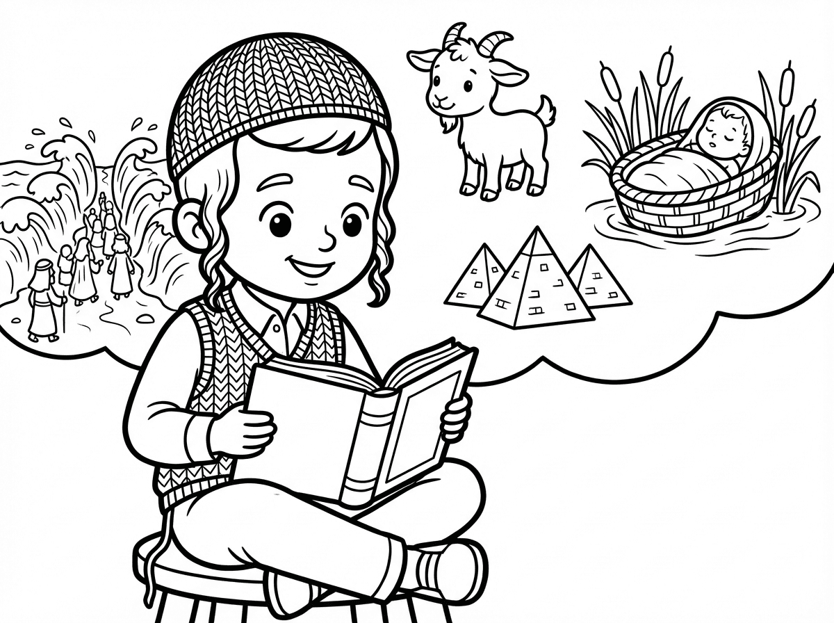 צור ציור של ילד יהודי חסידי כבן 4 עם כיפה סרוגה גדולה ושתי פיאות מסולסלות ליד האוזניים.
קורא הבגדה של פסח. מסביבו באוויר, יש ציורים של סיפורי האגדה לפסח.
כמו קריעת ים סוף, גדי קטן, משה בתיבה, פירמידות וכדומה