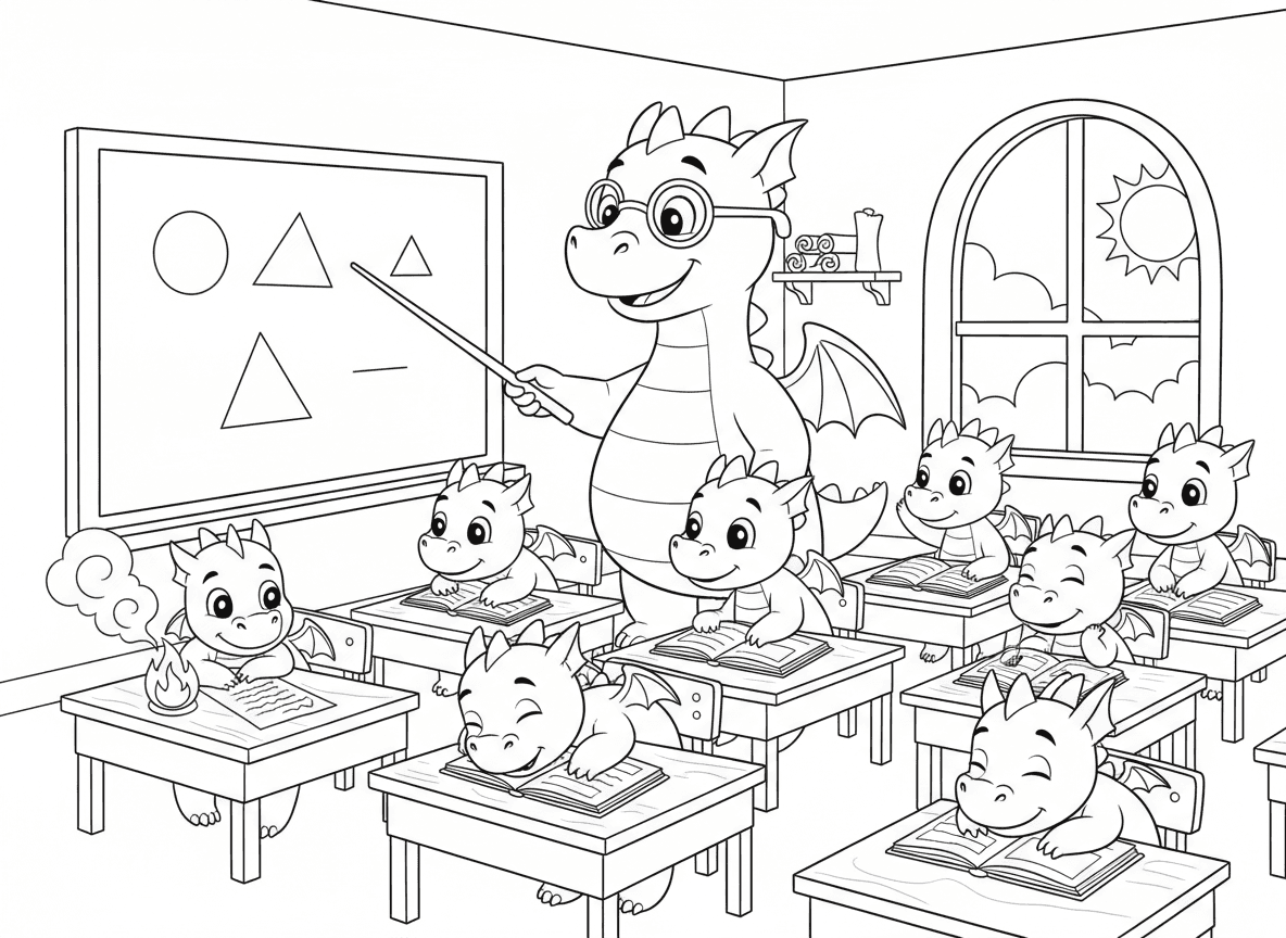 כיתה בבית ספר לדרקונים - כיתה מלאה דרקונים תינוקות לומדים, דרקון מורה ליד הלוח, דרקון אחד שורף נייר בטעות, אחד ישן, אחד מרים כנף לענות, שולחנות בית ספר