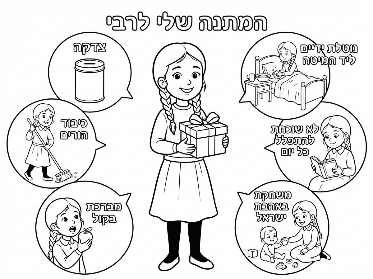 שלום אשמח שתכין לי דף צביעה
בכותרת : המתנה שלי לרבי
בציור: ילדה חרדית עם 2 צמות שרוולים ארוכים, חצאית מכסה את הברך וגרביונים, בידיים מחזיקה קופסת מתנה סגורה. מסביב הילדה בועות , בבועה אחת כתוב צדקה ומאוייר קופת צדקה, בבועה שניה מאוייר ילדה חרדית עם מטאטא וכתוב כיבוד הורים, בבועה שלישית ילדה חרדית מחזיקה תפוח הפה פתוח וכתוב מברכת בקול, בבועה רביעית ילדה חרדית יושבת על המיטה רגליה מכוסות בשמיכה ונוטלת ידיים מתוך קערה וספל המונחות ליידה וכתוב - נוטלת ידיים ליד המיטה, בבועה החמישית ילדה חרדית מחזיקה סידור פתוח וכתוב לא שוכחת להתפלל כל יום, בבועה השישית ילדה חרדית יושבת על הריצפה ומשחקת עם אחיה התינוק  וכתוב משחקת באהבת ישראל