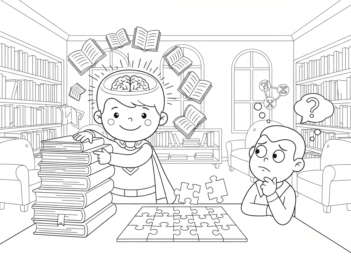 גיבור על עם כוח ידע מספרים - ילד גיבור על סופג ידע מספרים על ידי נגיעה בהם, מוח זוהר, ספרים מרחפים סביב הראש כמו הילה, פותר חידות מורכבות ברגע, מערים על רשע עם חידות, מטה ספרייה