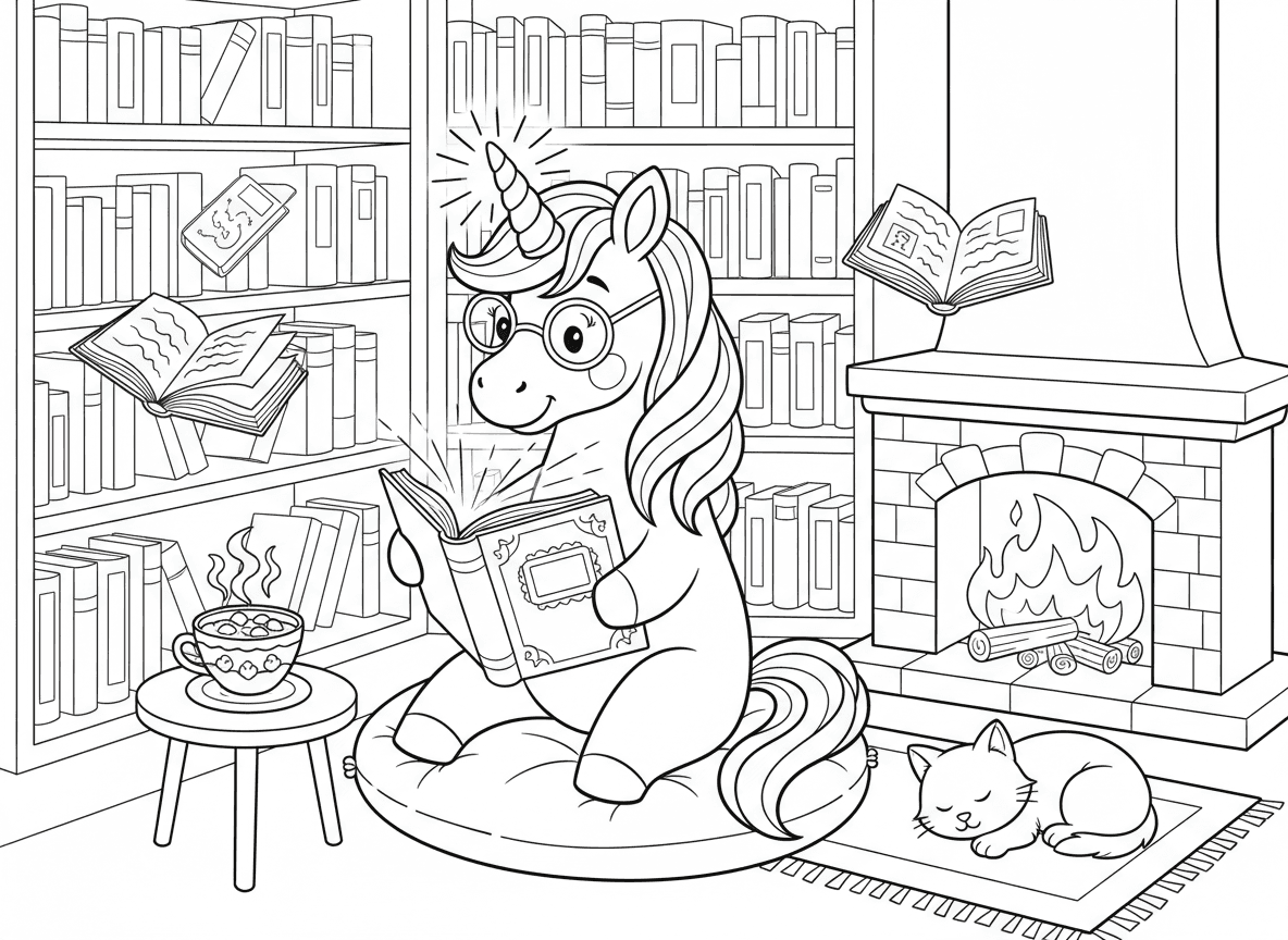 חד קרן קורא בספרייה - חד קרן יושב בפינה נעימה בספרייה קורא ספר קסום, קרן זוהרת בזמן קריאה, ספרים מרחפים, משקפי קריאה, כוס שוקו, אח, חתול חבר