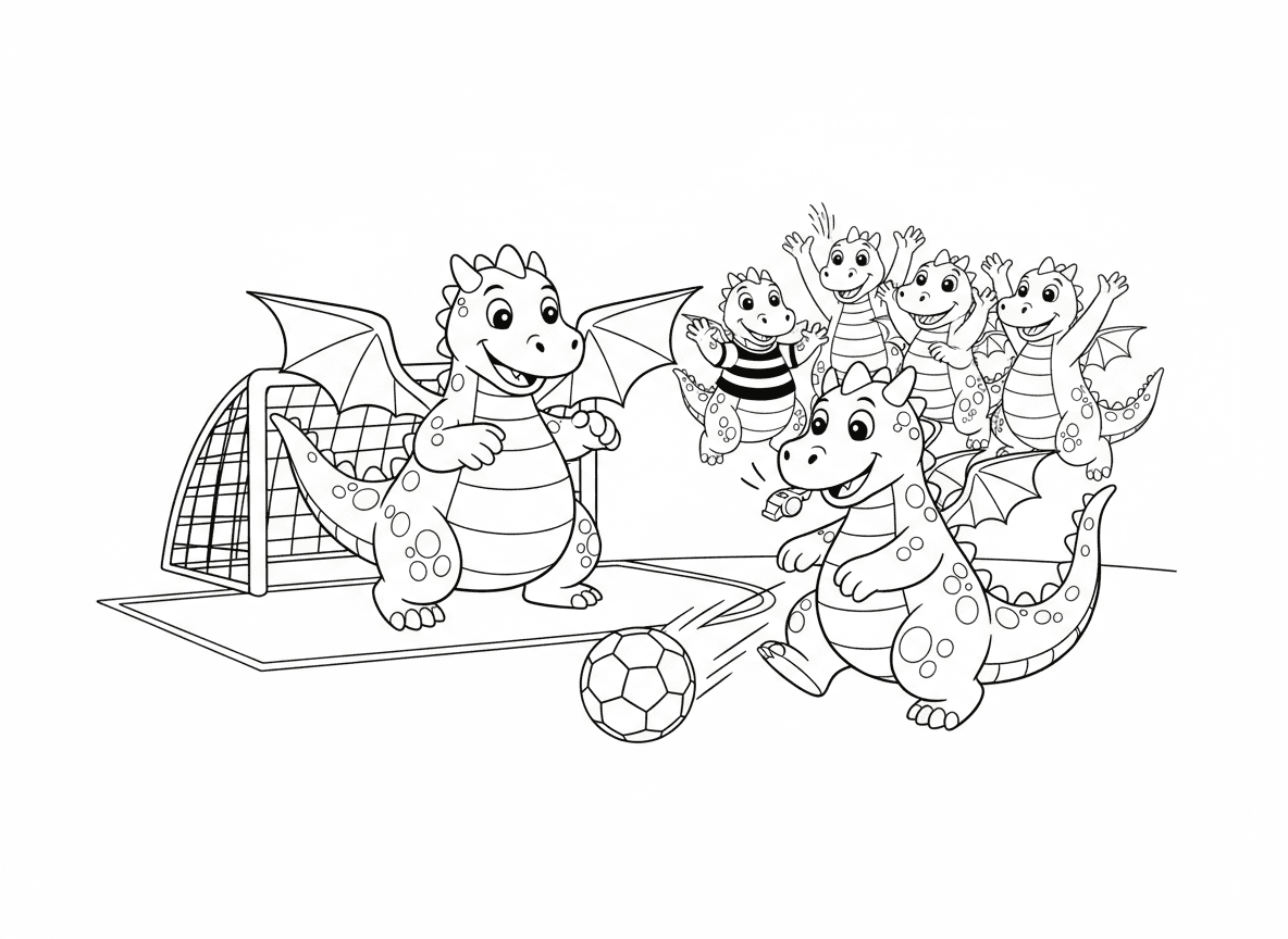 דרקונים משחקים כדורגל - דרקונים משחקים כדורגל במגרש, דרקון שוער עם כנפיים פרוסות, אחר בועט בכדור עם הזנב, דרקון שופט שורק בשריקה, קהל דרקונים מריע