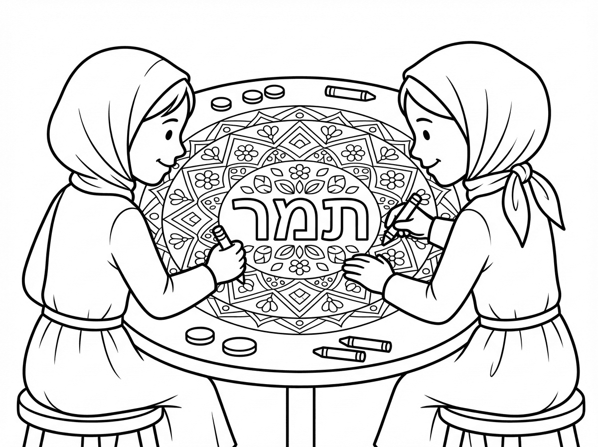 תצייר לי 2 ילדות חרדיות יושבות ליד שולחן וצובעות מנדלה של השם תמר (ללא כיפות!)