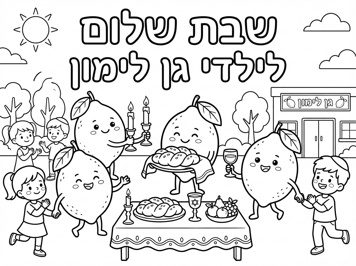 אני רוצה ליצור דף צביעה עם עיתוב שבת שלום לילדי גן לימון