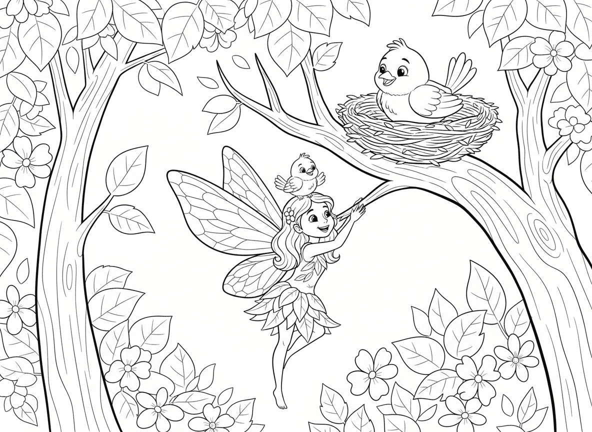 פייה מצילה גוזל - פייה אמיצה עוזרת לגוזל לחזור לקן, מטפסת על ענף, הגוזל על הגב שלה, אמא ציפור צופה בתודה, עץ גבוה, עלים ופריחה