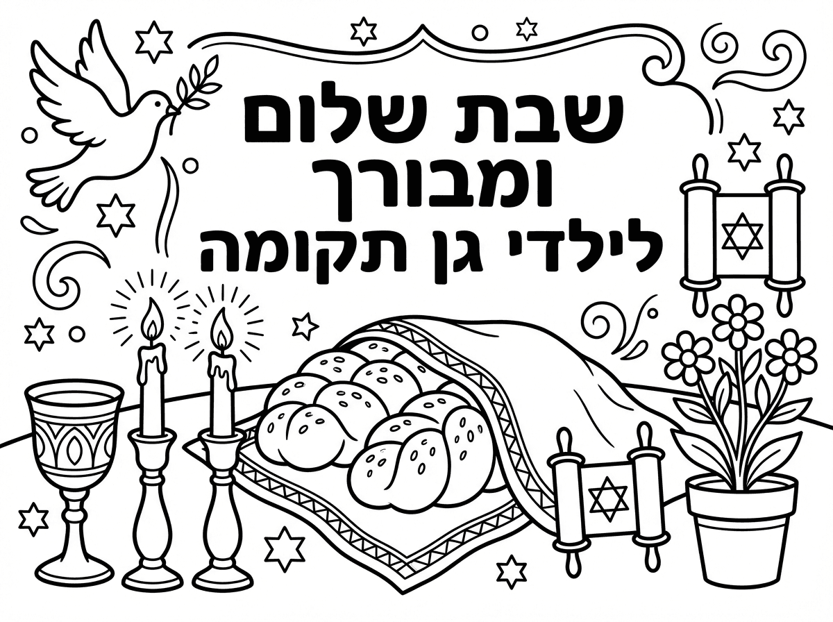 רוצה דף צביעה לשבת עם הכיתוב שבת שלום ומבורך לילדי גן תקומה