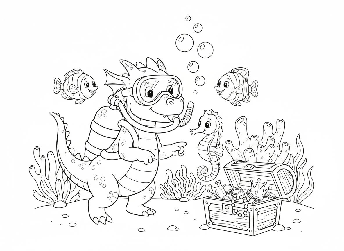 דרקון חוקר תת-ימי - דרקון עם משקפי צלילה שוחה מתחת למים, בועות מהאף, דגים חברים שוחים לצידו, שונית אלמוגים, ארגז אוצרות בקרקעית הים, סוסון ים מדריך