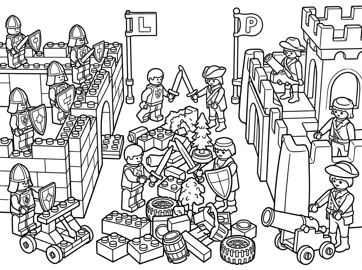 תיצור לי דף צביעה של מלחמה לגו אם חלקי לגו וכו נגד פלימוביל אם חלקי פלימוביל וכו