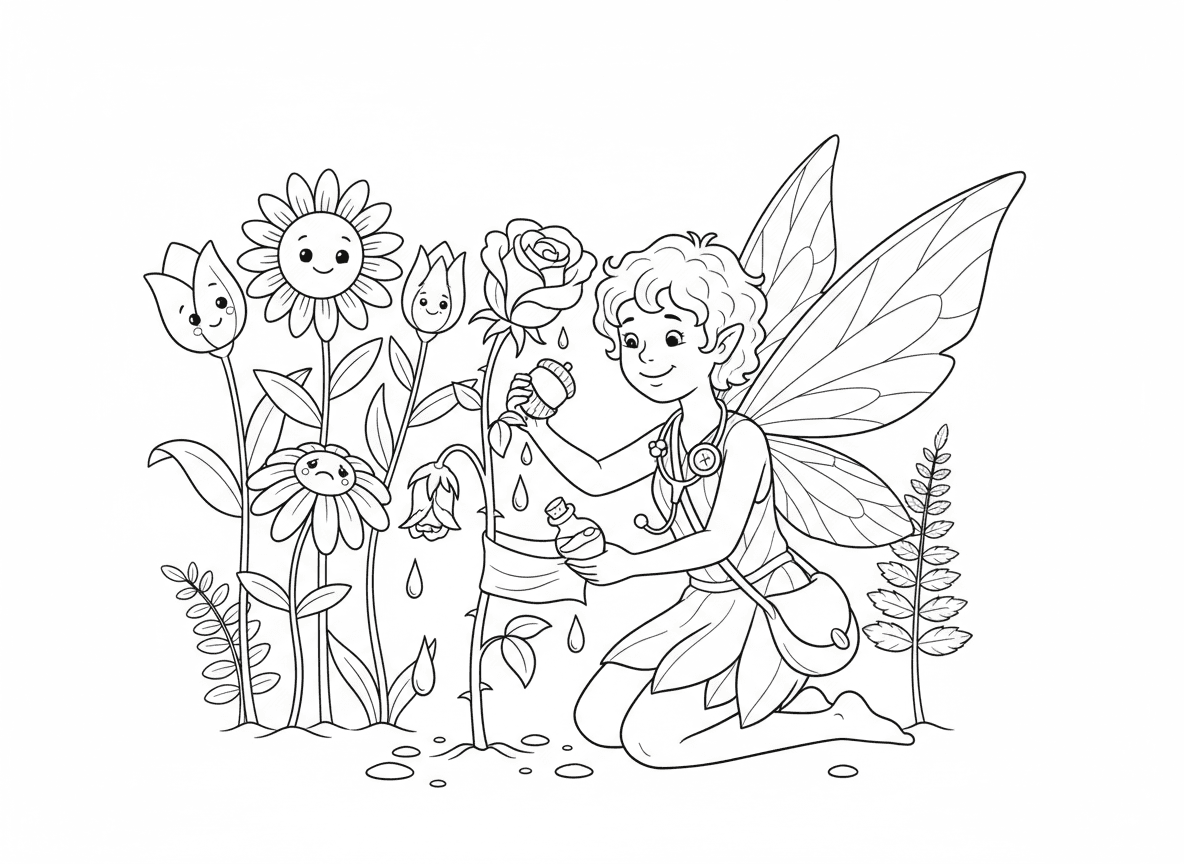 פייה רופאה מרפאה צמחים - פייה רופאה עם תיק עלים מרפאה פרחים חולים, חובשת גבעול ורד נובל, נותנת טיפות מים כתרופה, צמחים אחרים נראים מקווים, סטטוסקופ זעיר מגפן