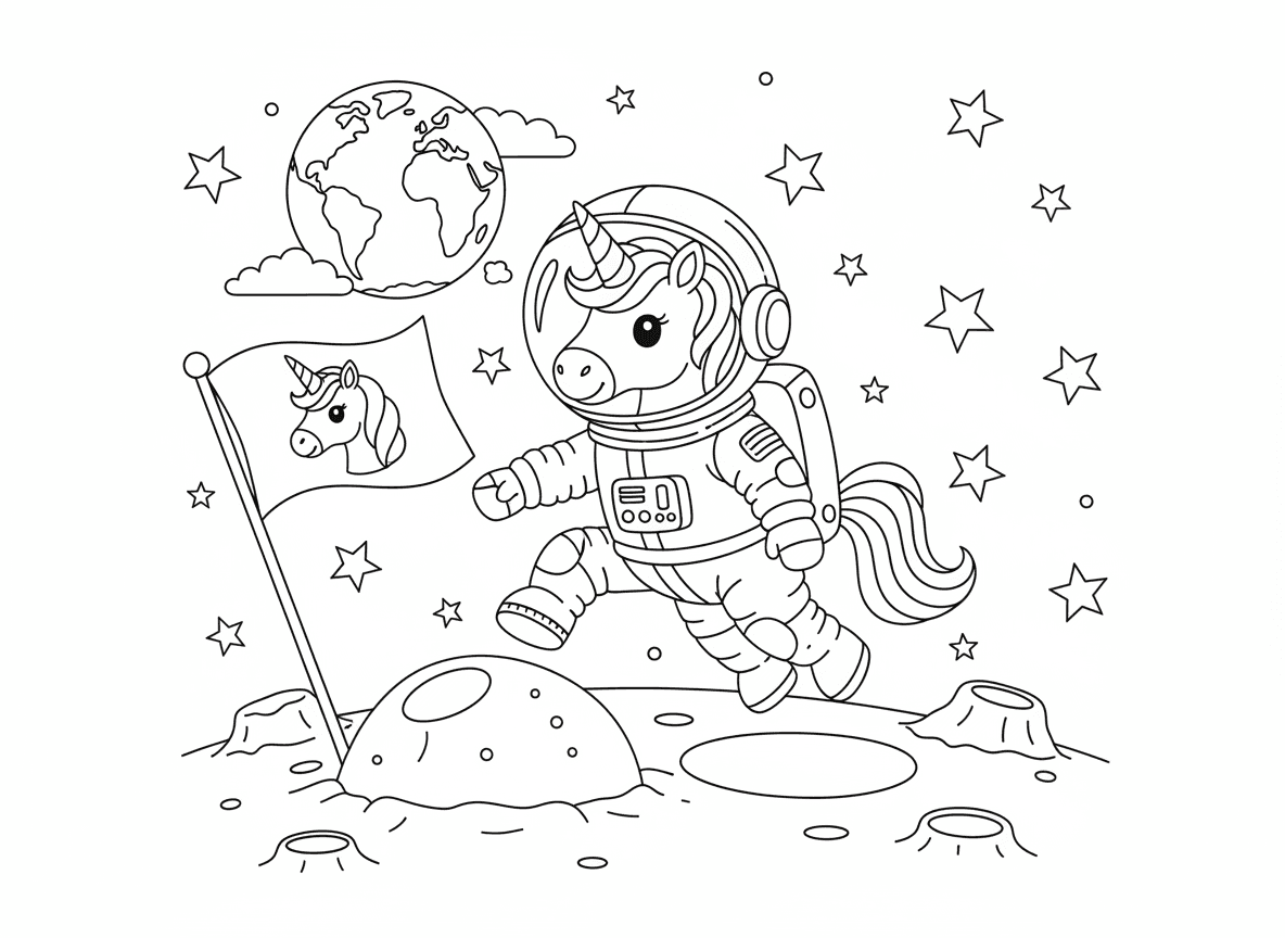 חד קרן אסטרונאוט חוקר את הירח - חד קרן בחליפת חלל קופץ על פני הירח, קרן בולטת מהקסדה, כדור הארץ ברקע, מכתשי ירח, דגל חד קרן נטוע, כוכבים בכל מקום