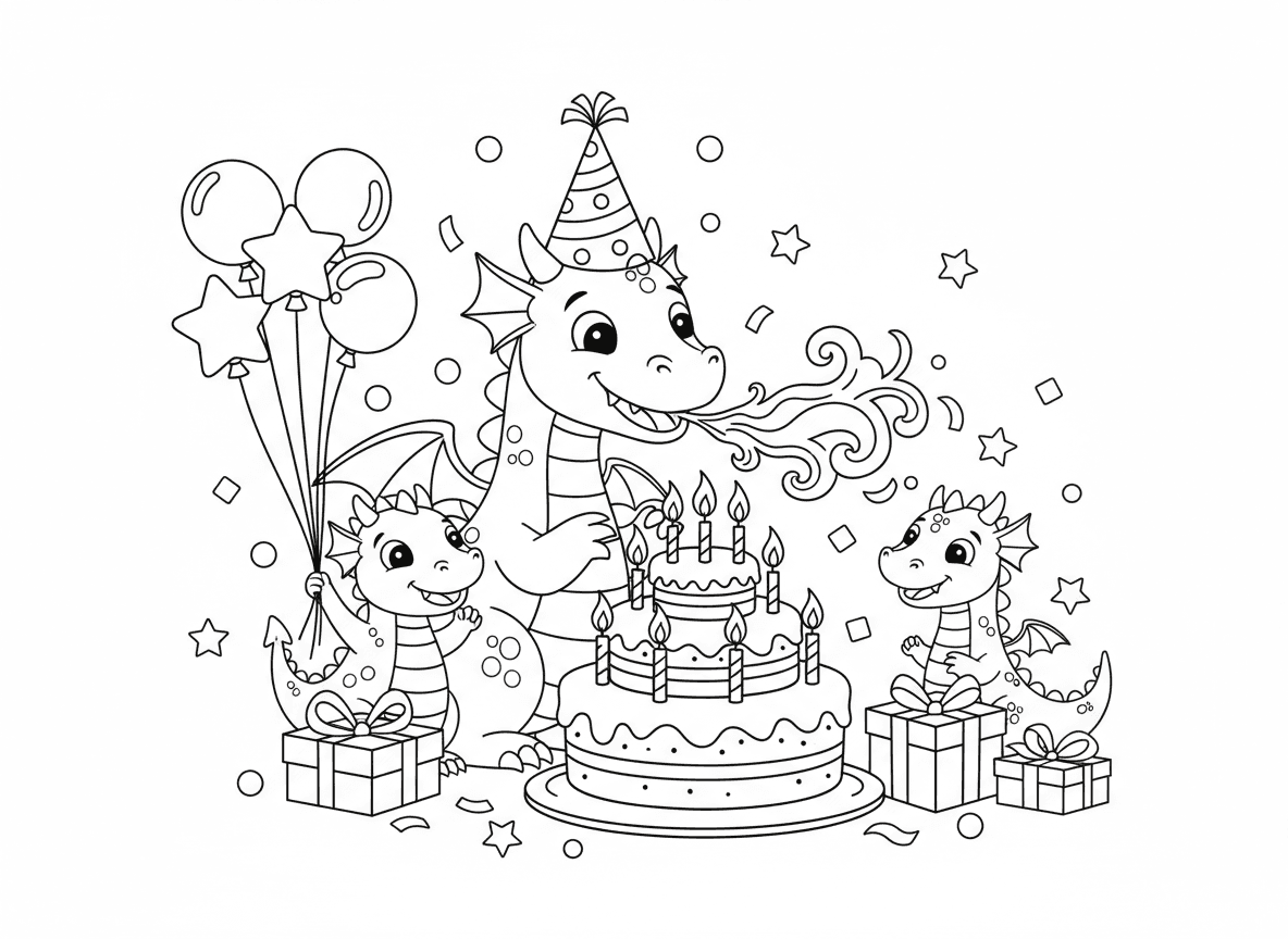 מסיבת יום הולדת של דרקון - דרקונים במסיבת יום הולדת, דרקון יום ההולדת עם כובע מסיבה, עוגה ענקית עם נרות, דרקון מנסה לכבות נרות אבל עושה יותר מדי אש, בלונים, מתנות, קונפטי