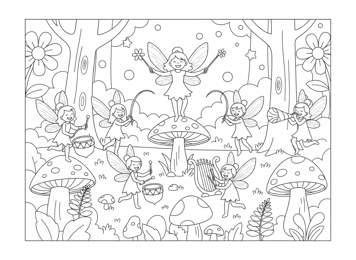 תזמורת פיות ביער - תזמורת פיות מנגנת מוזיקה בפינת יער, מנצחת עם גבעול פרח, כלי נגינה מהטבע - תופי בלוטים, חלילי עשב, נבל קורי עכביש, חצוצרות עלים