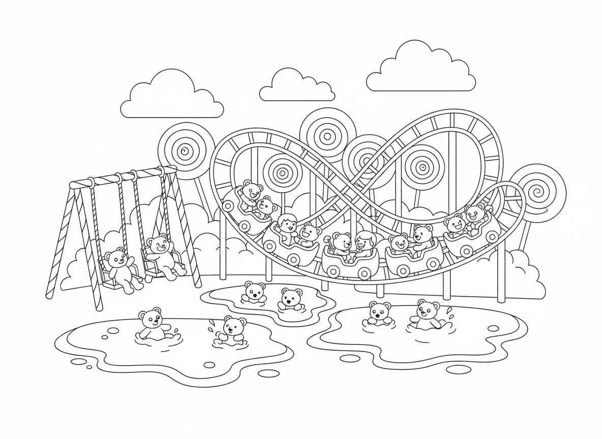 פארק שעשועים של ממתקים - חטיפי שוקולד ענקיים הם הרים רוסיים, סוכריות על מקל הן עצים, שלוליות קרמל הן בריכות שחייה, עננים של שערות סבתא מרחפים, וילדי סוכריות גומי רוכבים על נדנדות ליקריץ