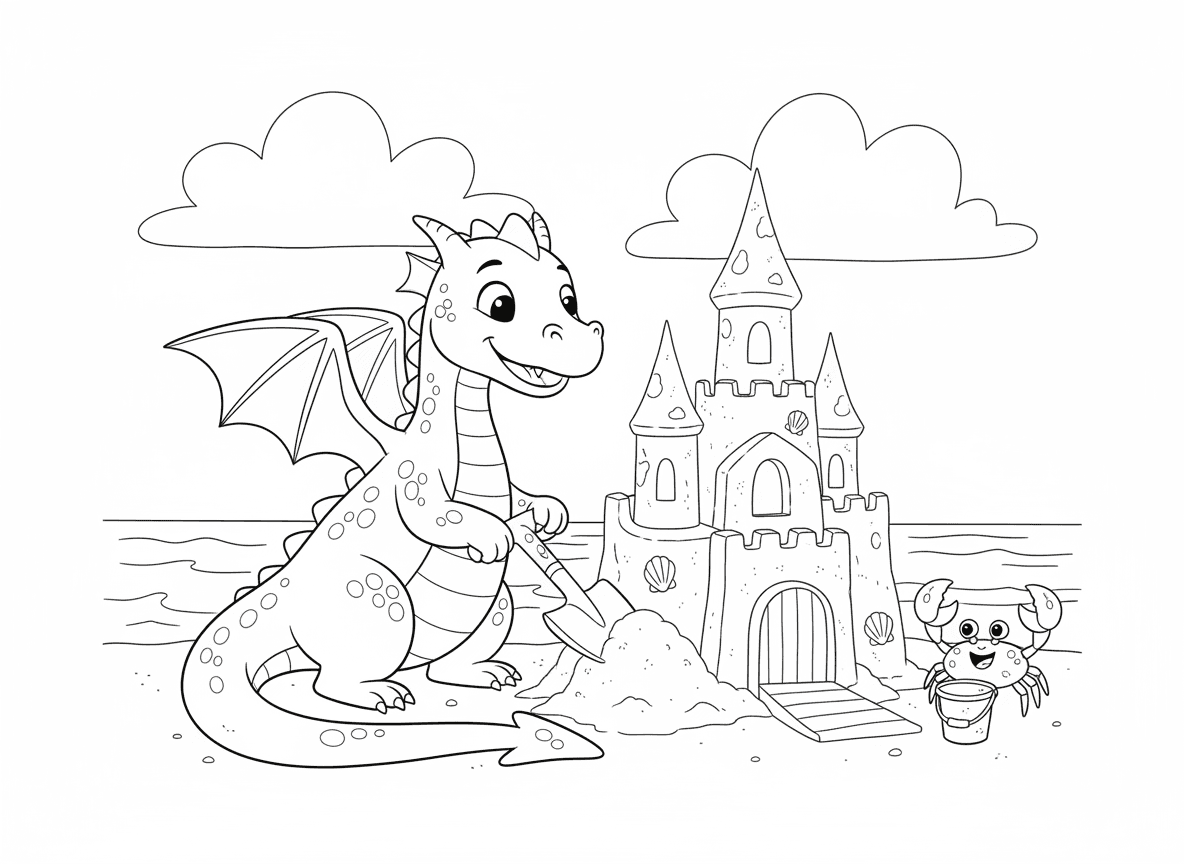 דרקון בונה ארמון חול - דרקון על חוף הים בונה ארמון חול מפורט שנראה כמו טירת דרקונים אמיתית, משתמש בזנב כמקדחה, קישוטי צדפים, גלים ברקע, סרטן עוזר