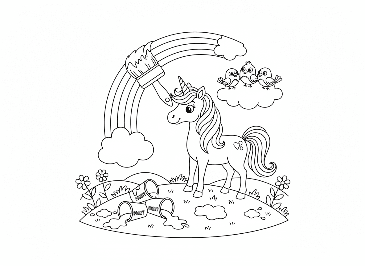 חד קרן מצייר קשת בענן - חד קרן יצירתי משתמש בקרן כמכחול לצייר קשת בענן על השמיים, עומד על ראש גבעה, דליי צבע למטה, ציפורים צופות בהשתאות, נוף אחו