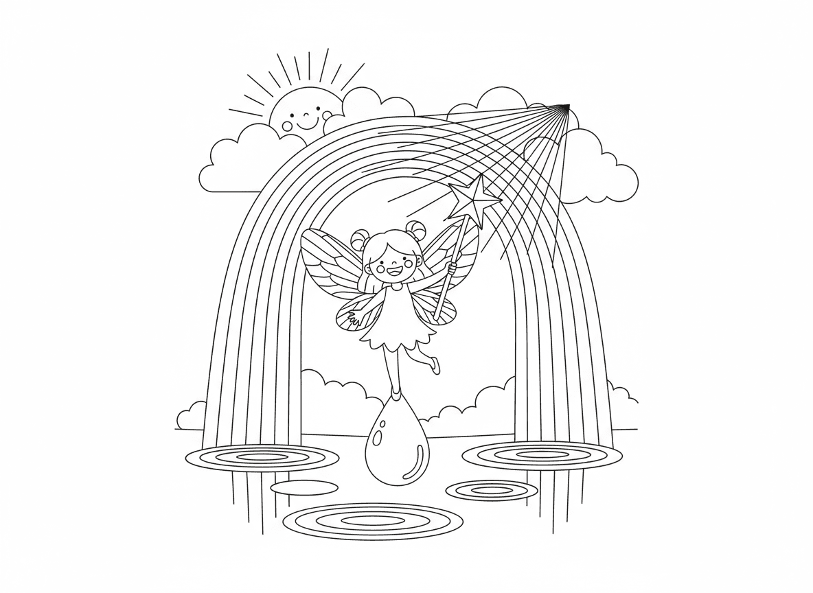 פייה יוצרת קשתות בענן - פייה עם שרביט קריסטל מיוחד יוצרת קשת בענן אחרי גשם, עומדת על טיפת גשם, אפקט פריזמה מהקריסטל, שמש שמחה מציצה דרך עננים, שלוליות משקפות צבעים