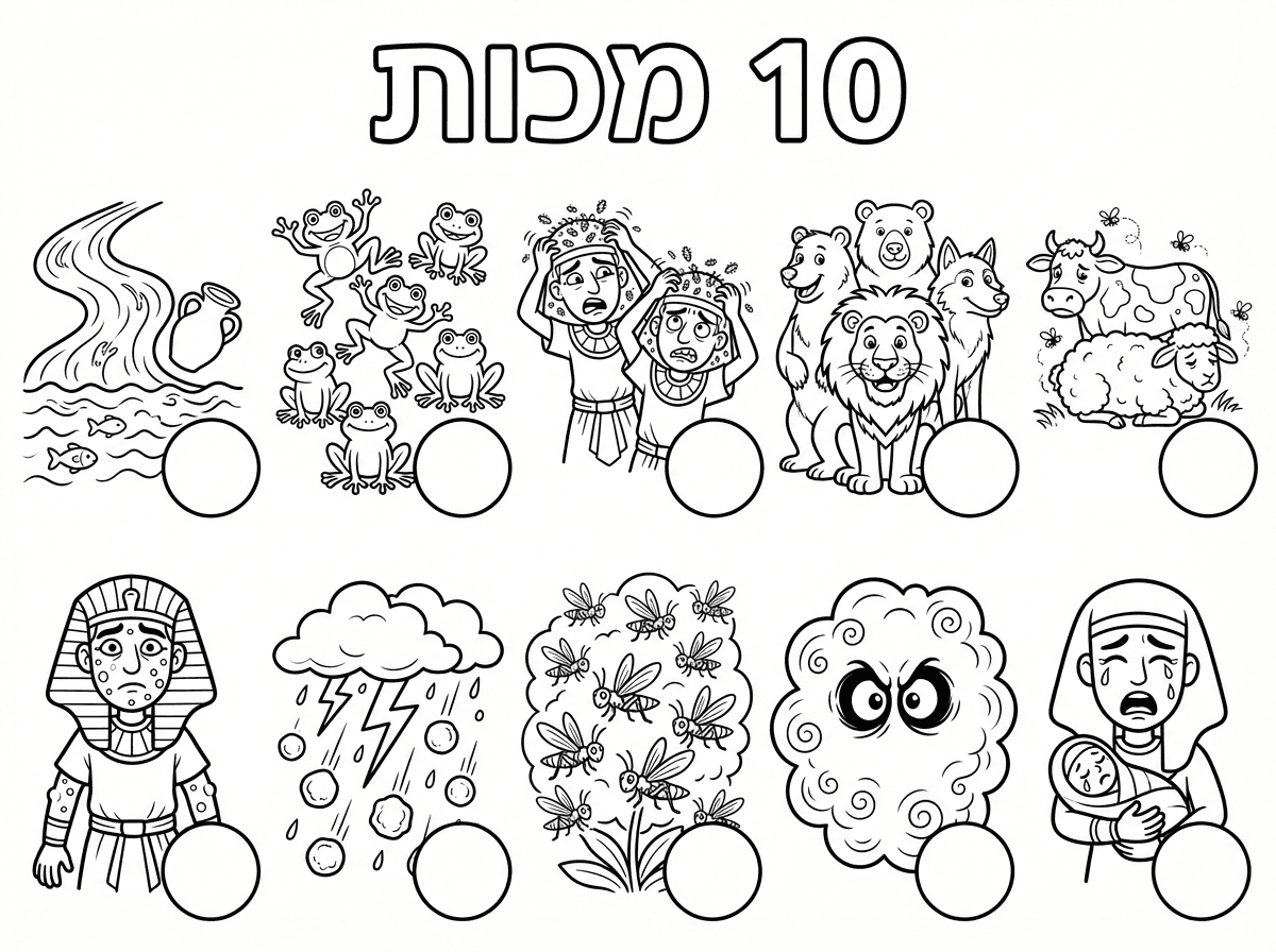 אוהבת את זה ,רק כמה שינויים כמו שחושך יהיה 2 יעיניים בחושך והמספר 1 יהיה מצרי בוכה והדם שהמים יהיו כהים יותר ובלי כד והשחין יהיה מצרי עם כובע של מצרי ושחין על הפנים