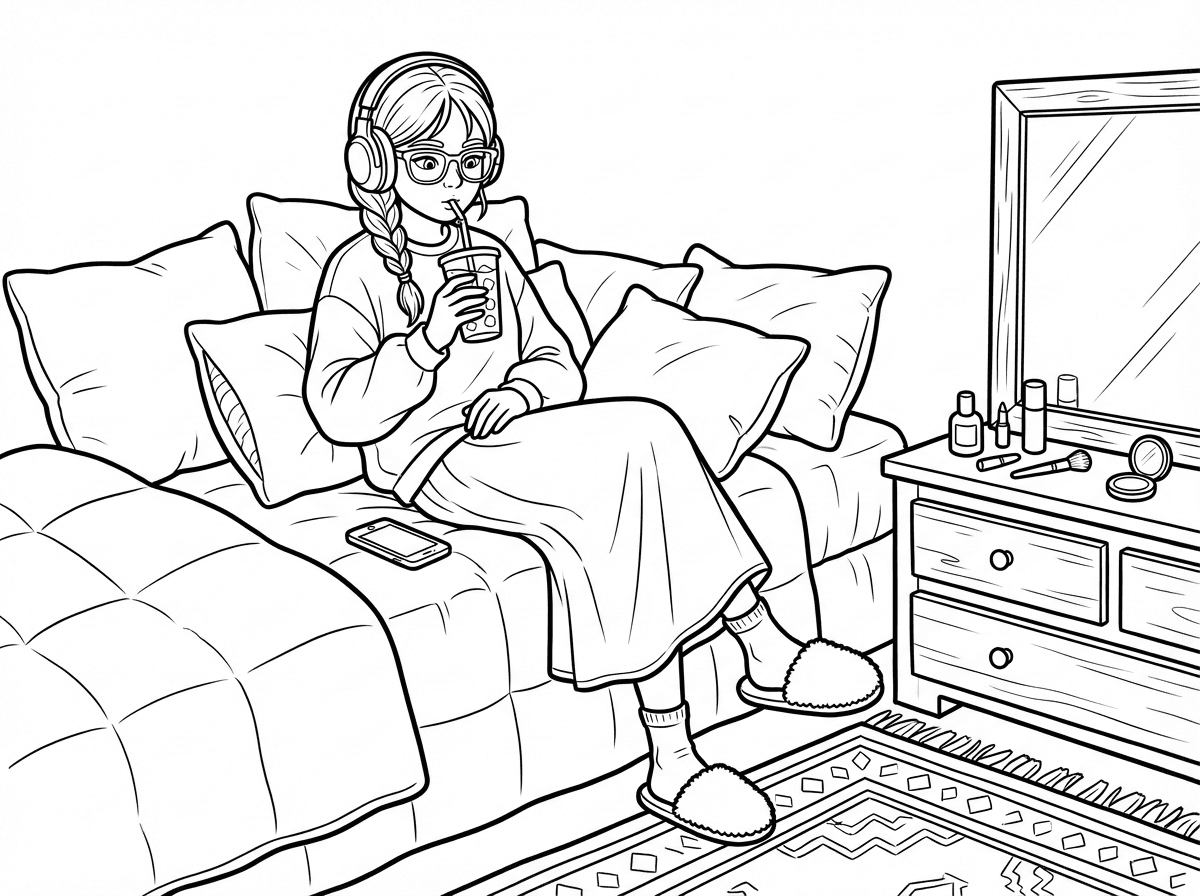 נערה יושבת על המיטה שלה מיטה בסטייל גדולה עם כריות לילדה יש שטיח בחדר ושידה עם מראה ואיפור הנעקה שותה בכוס על קשית וקרח יושבת על המיטה יש לה בשיער שביל באמצע וצמה משקפיים הטלפון שלה על המיטה ויש לה אוזניות באוזניים יש לה פוטר צנוע וחצאית ארוכה צנועה ונעלי בית וגרב קצרה