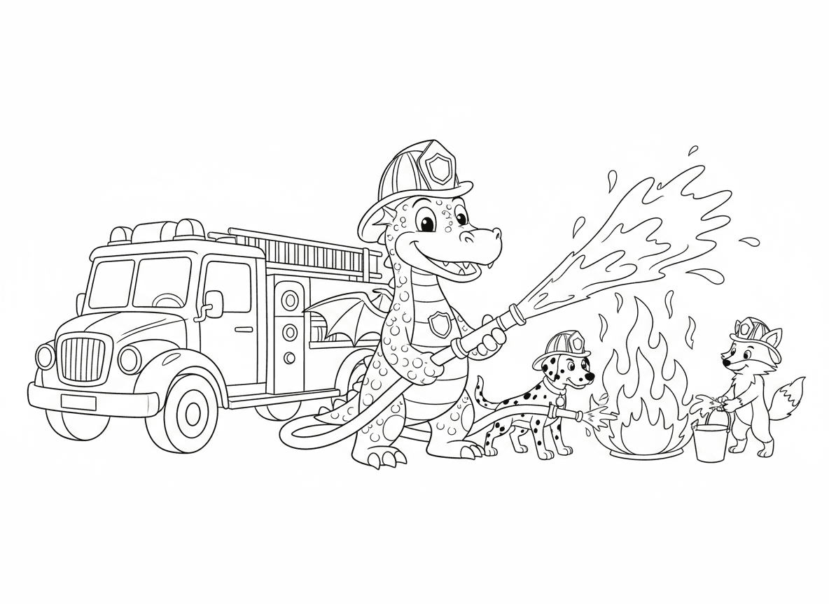 דרקון כבאי מכבה שריפה - דרקון כבאי אירוני עם כובע כבאי, מרסס מים מצינור לכיבוי שריפה, כבאית בקרבת מקום, חיות כבאיות אחרות עוזרות, כלב דלמטי שותף