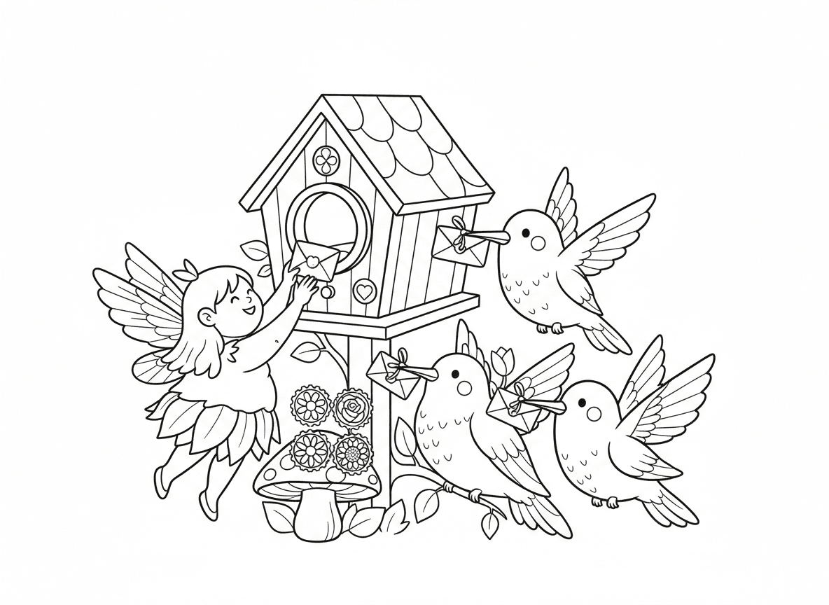 שירות דואר פיות עם יונקי דבש - פיות מנהלות שירות דואר עם יונקי דבש כדוורים, מכתבים זעירים במעטפות פרחים, תיבת דואר מבית ציפורים, אוסף בולים של פרחים שונים