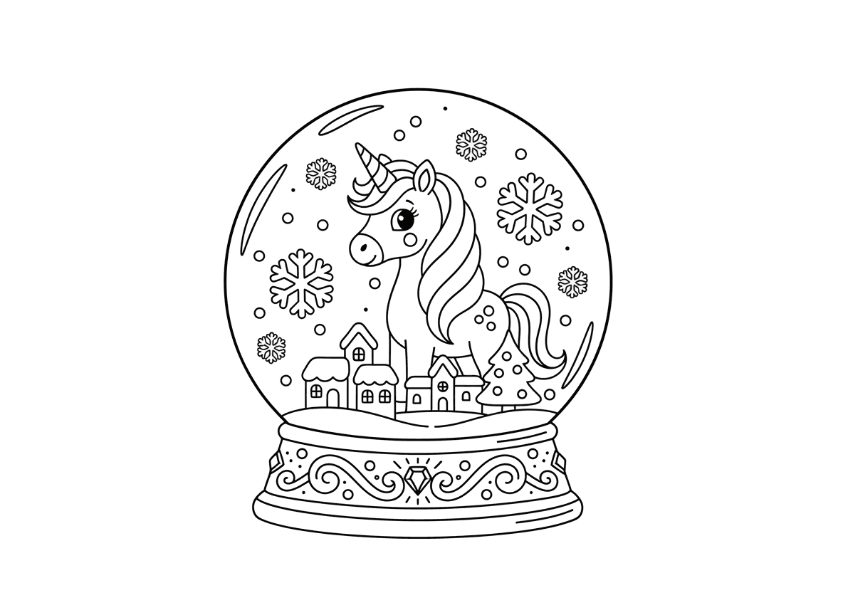 חד קרן בתוך כדור שלג - חד קרן בתוך כדור שלג קסום, פתיתי שלג מסתחררים, כפר חורף זעיר סביב, עץ חג המולד, נצנצים בכל מקום, בסיס מעוטר, זוהר חם מבפנים