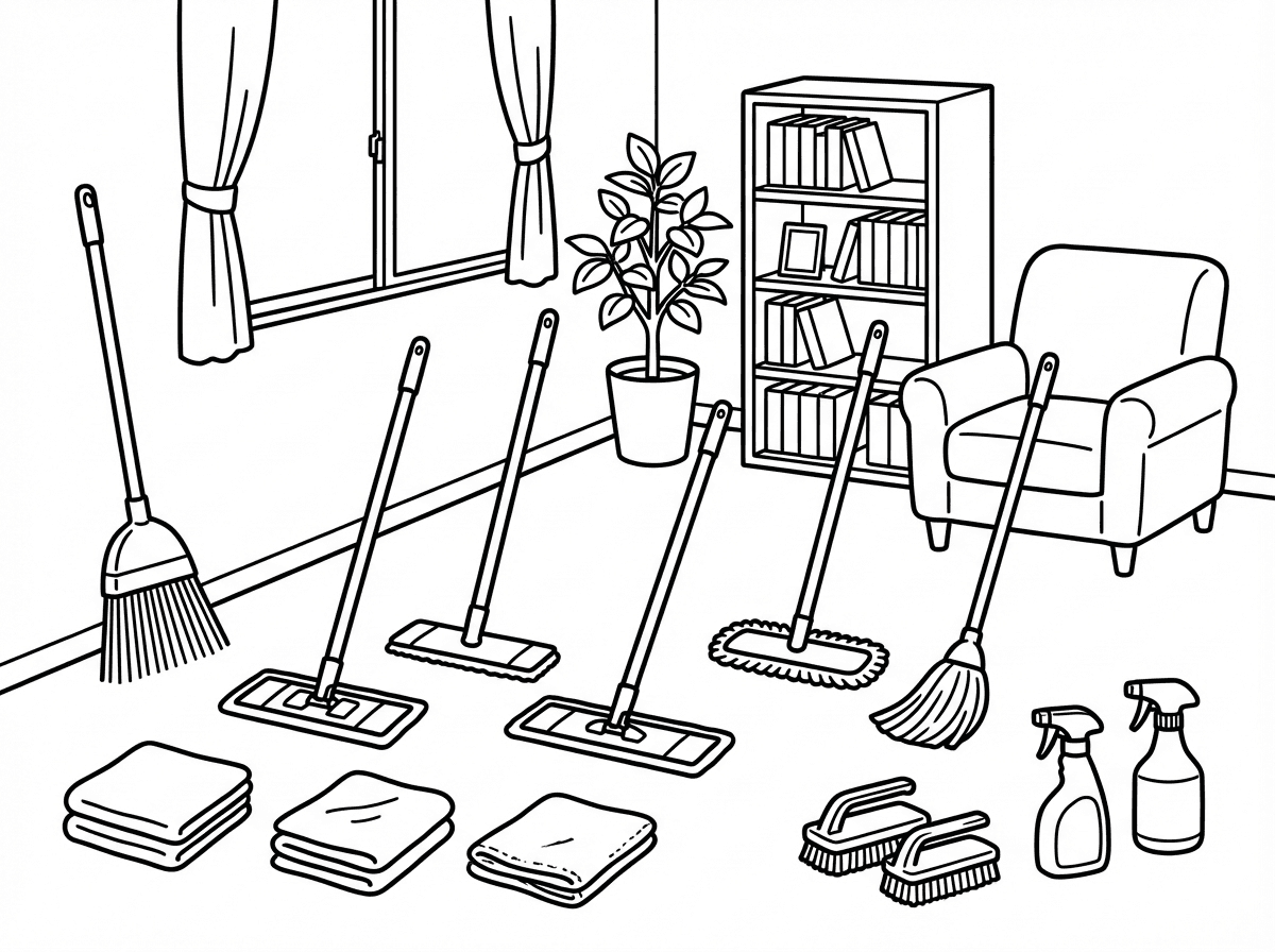 הי
אני רוצה דף צביעה ועבודה לגיל 2-3
בדף יהיה חדר ברקע שקט, ועל הרצפה מונחים אביזרים של נקיון:
4 סמרטוטים
5 מגבים קטנים
1 מטאטא
2 מברשות קרצוף
3 מיכלי תרסיס לנקיון