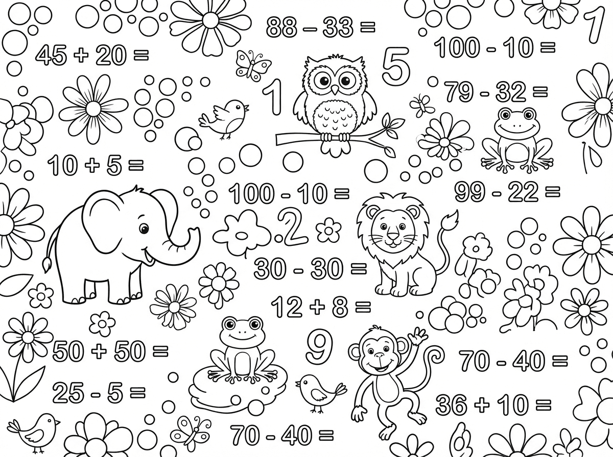 אני רוצה דף עם תרגילים בחשבון עד מספר 100. ועוד וחיסור. וקישוט של עיגולים פרחים מספרים וחיות מסביב