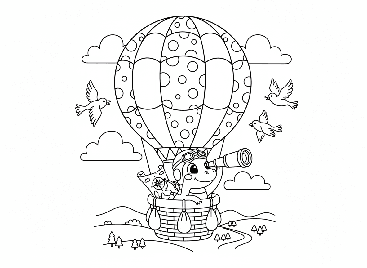 דרקון בכדור פורח - דרקון קטן טס בכדור פורח צבעוני, מסתכל דרך טלסקופ, עננים סביב, ציפורים עפות בקרבת מקום, מפה בסלסלה, נוף רחוק למטה