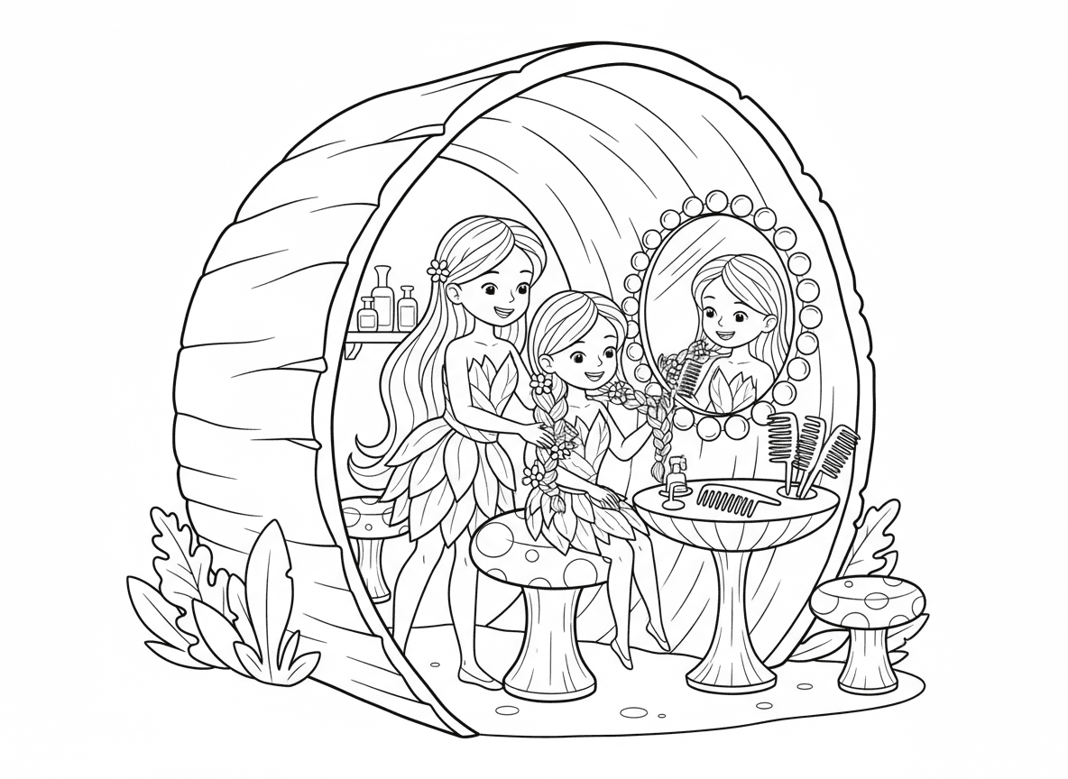 מספרה של פיות - מספרת פיות בתוך בול עץ חלול, פייה ספרית צוברת שיער של פייה אחרת עם פרחים זעירים, מראה עשויה טיפת טל, כיסא מספרה פטריה, מסרקים מקוצים