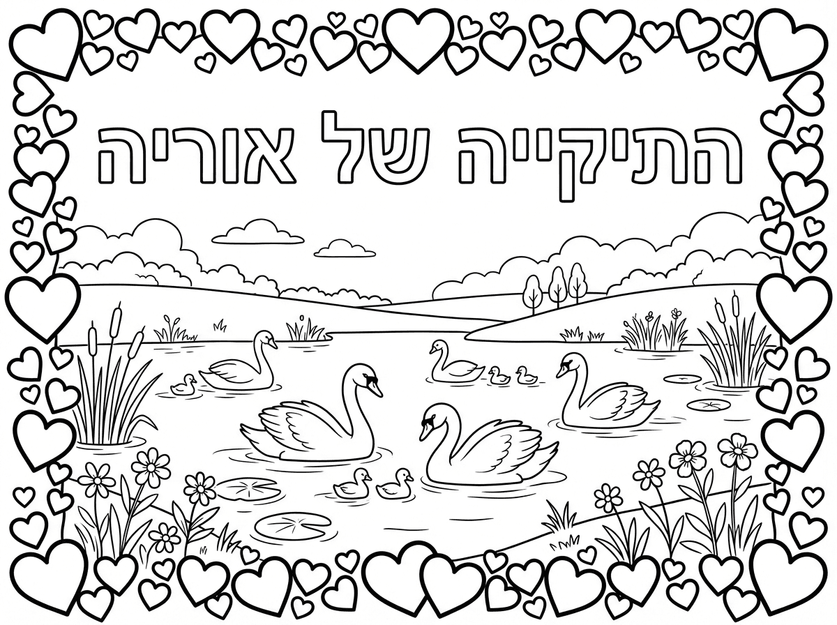 תכין לי דף צביעה שכתוב עליו 'התיקייה של אוריה' עם מסגרת לדף של לבבות
ושיהיה מצוייר איורים של אגם עם ברבורים