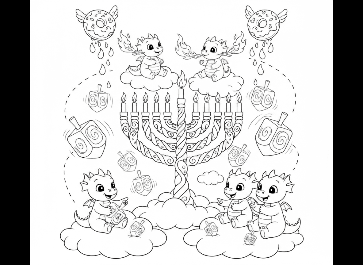 חנוכה בממלכת הדרקונים - דרקונים קטנים וחמודים מדליקים חנוכייה ענקית עם אש מהפה, סביבונים עצומים מזהב מסתובבים, סופגניות מעופפות עם ריבה יורדות מהשמיים, וילדי דרקון משחקים בסביבון על ענן