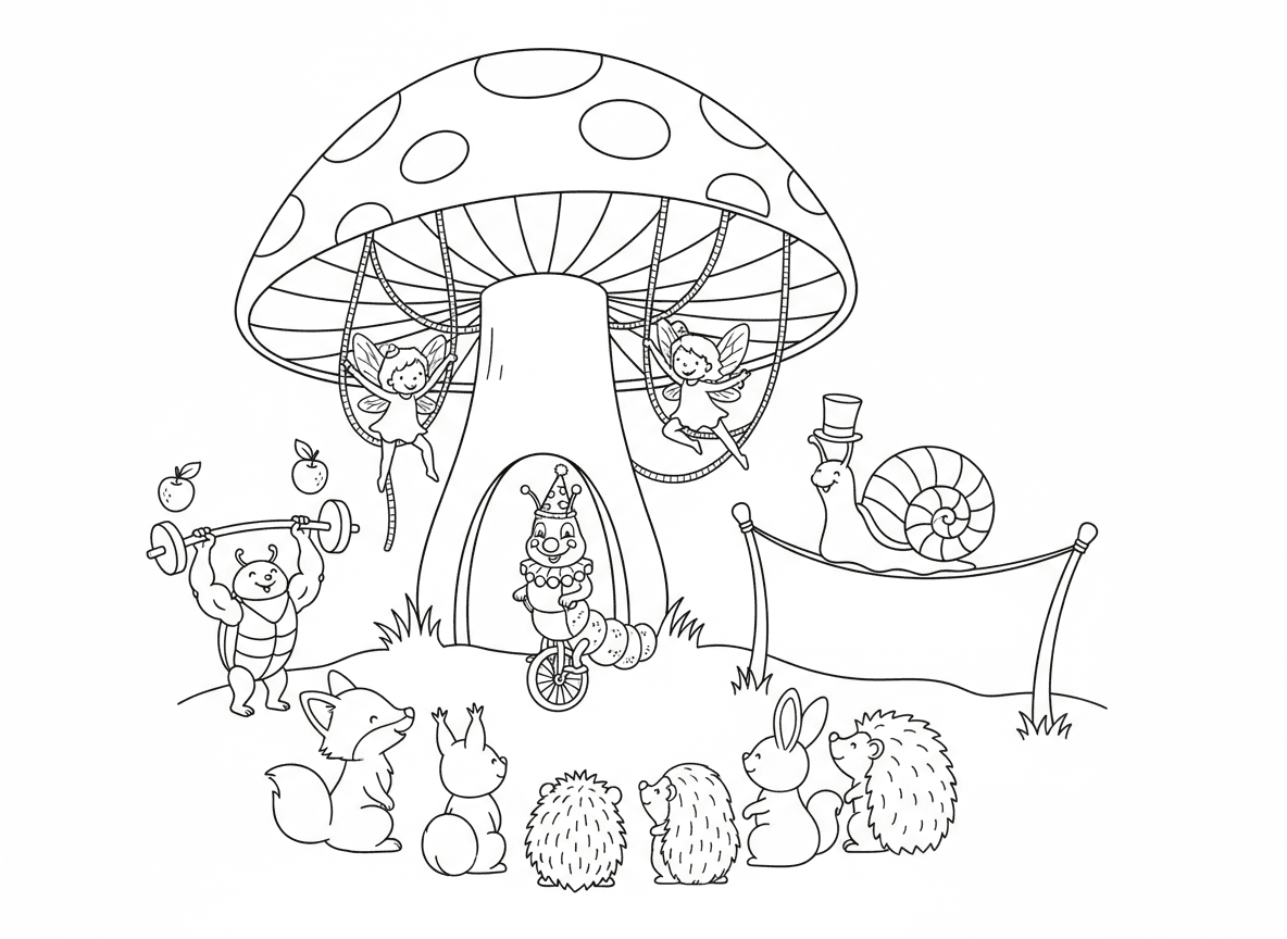 קרקס פיות מתחת לפטריה - קרקס פיות מתחת לפטריית ענק כאוהל, פיות אקרובטיות מתנדנדות על חוט עכביש, ליצן זחל, חילזון הולך על חבל דק, חיפושית איש חזק, קהל יצורי יער