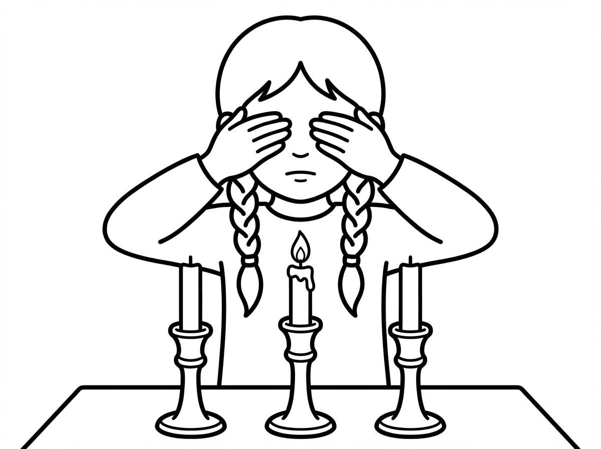 רוצה דף צביעה שבו רואים ילדה בת שש מדליקה נר שבת, מכסה בשתי ידיה על העיניים. מאחורי הנר הדולק שלה יש שני נרות לא דולקים בפמוטים. לילדה שתי צמות, חולצה עם שרוול ארוך