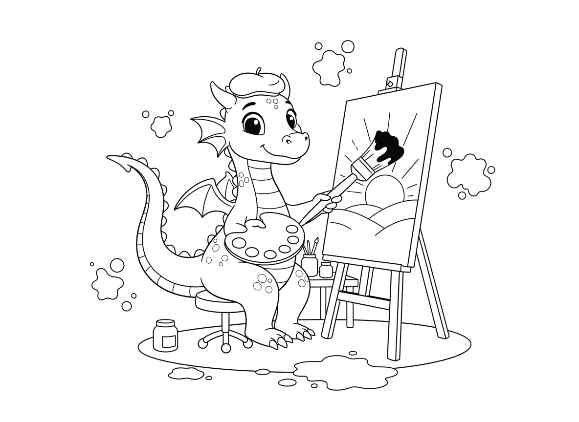 דרקון מצייר תמונה - דרקון אמן מצייר על בד ציור גדול באמצעות הזנב כמכחול, כתמי צבע בכל מקום, כומתה על הראש, פלטת צבעים בטופר אחד, ציור של שקיעה, סטודיו לאמנות