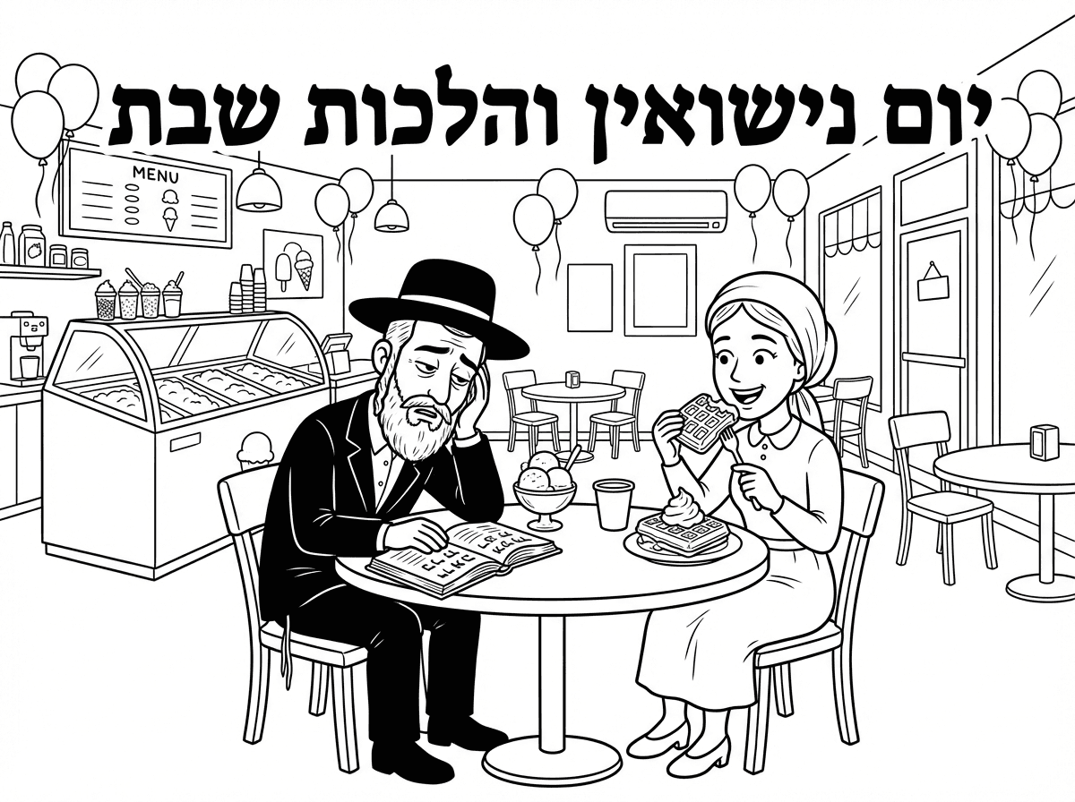 צור לי דף צביעה
בכותרת: יום נישואין והלכות שבת
בדף הצביעה יש גלידריה מעוצבת, עם שולחנות ישיבה, במרכז, ליד שולחן אחד, יושבים זוג חרדים, האישה אוכל וופל בלגי בהנאה, והאיש יושב בפנים רציניות ועייפות מול חוברת לימוד ולומד ולומד וכמעט נרדם.
