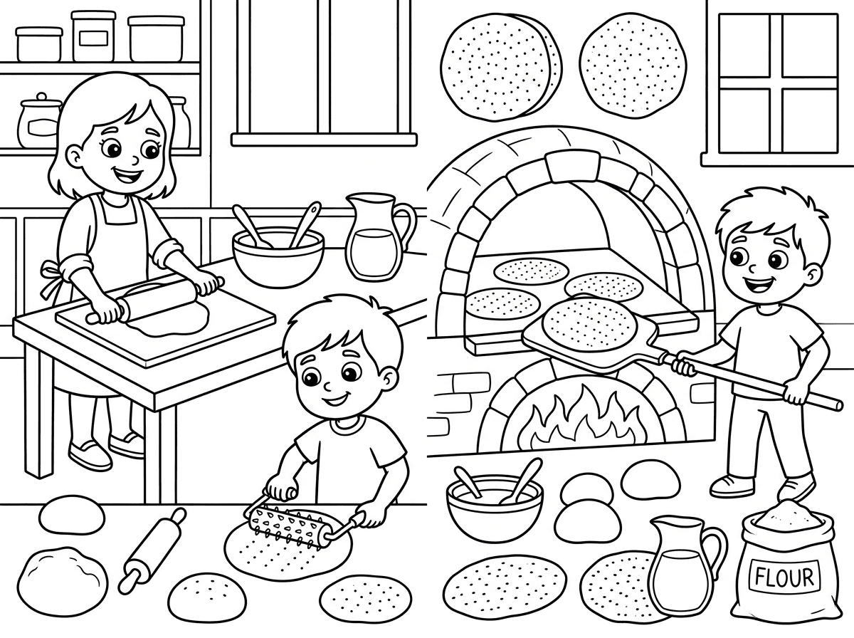 תיצור לי דף צביעה של אפיית מצות עגולות