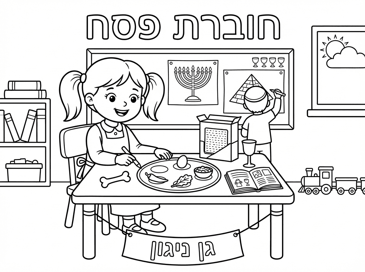 אשמח לכריכה לחוברת פסח גן ניגון  שהיה רשום למעחה חוברת פסח ומתחת ילדה בגן דתי ותמונה של פסח