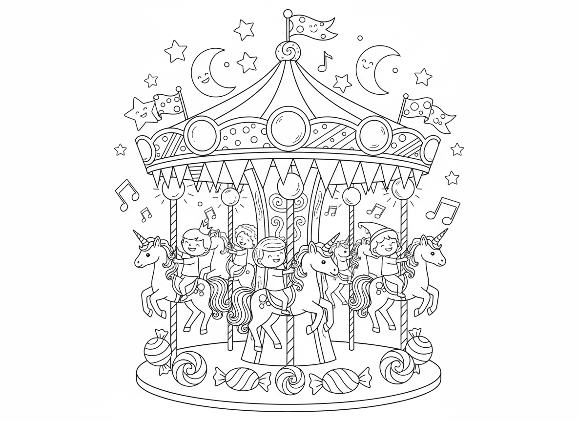 קרוסלת חד קרנים - קרוסלה קסומה עם חד קרנים במקום סוסים, עמודים מעוטרים, אורות מנצנצים, תווי מוזיקה מרחפים, ילדים רוכבים בשמחה, קישוטים בצבעי סוכריות, ליל כוכבים