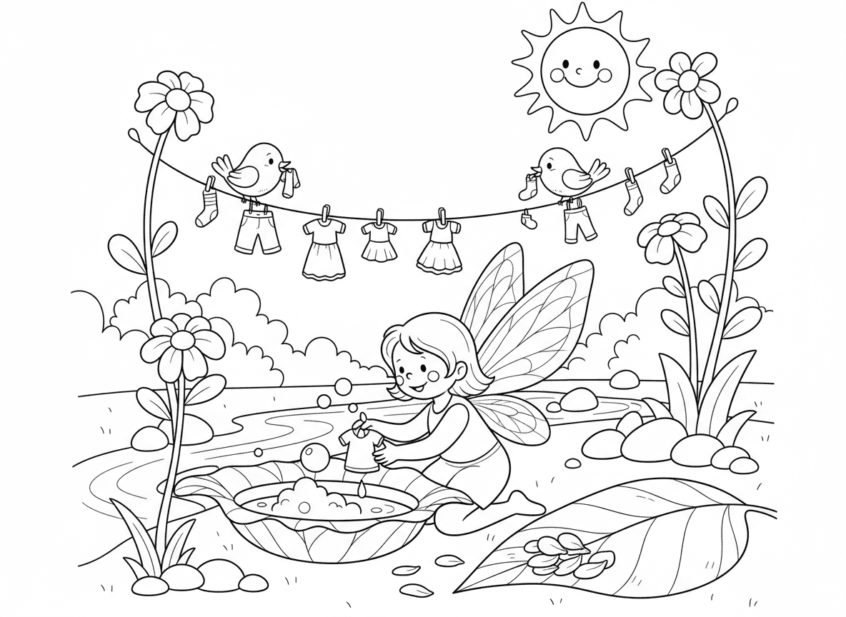 פייה מכבסת בגדים על עלה - פייה מכבסת בגדים על עלה גדול ליד נחל, בגדים זעירים על חבל כביסה מקורי עכביש, משתמשת בטיפת טל כבועת סבון, מגבות עלי כותרת, יום שמשי, ציפורים עוזרות