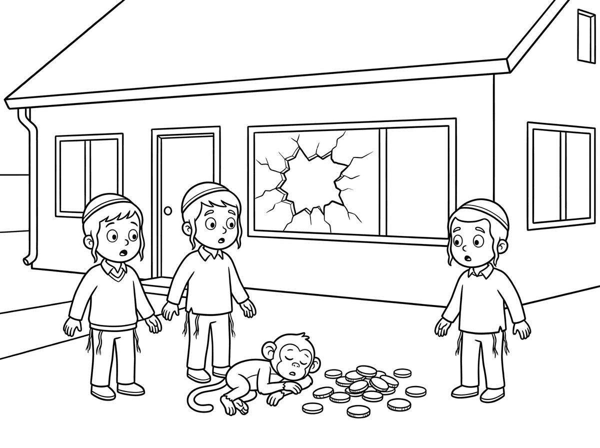 אשמח לדף צביעה של בית קרקע ובו ילדים עם כיפה וציצית בחצר הבית.
וקוף מת זרוק על הרצפה ולידו מספר מטבעות זהב.
אחד החלונות מנופצת הזכוכית של החלון.
הילדים עם פרצוף מבוהל