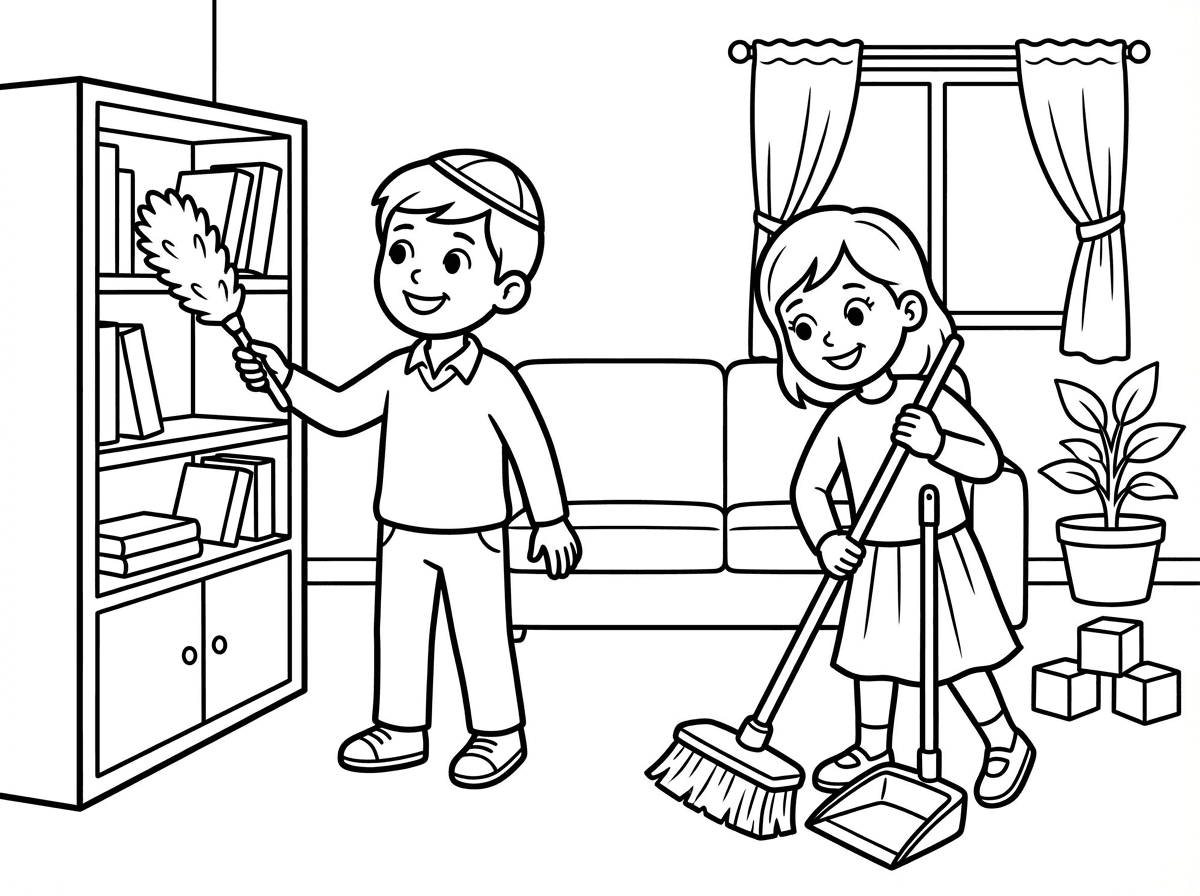 ילדה עם חצאית וילד עם כיפה מנקים את הבית