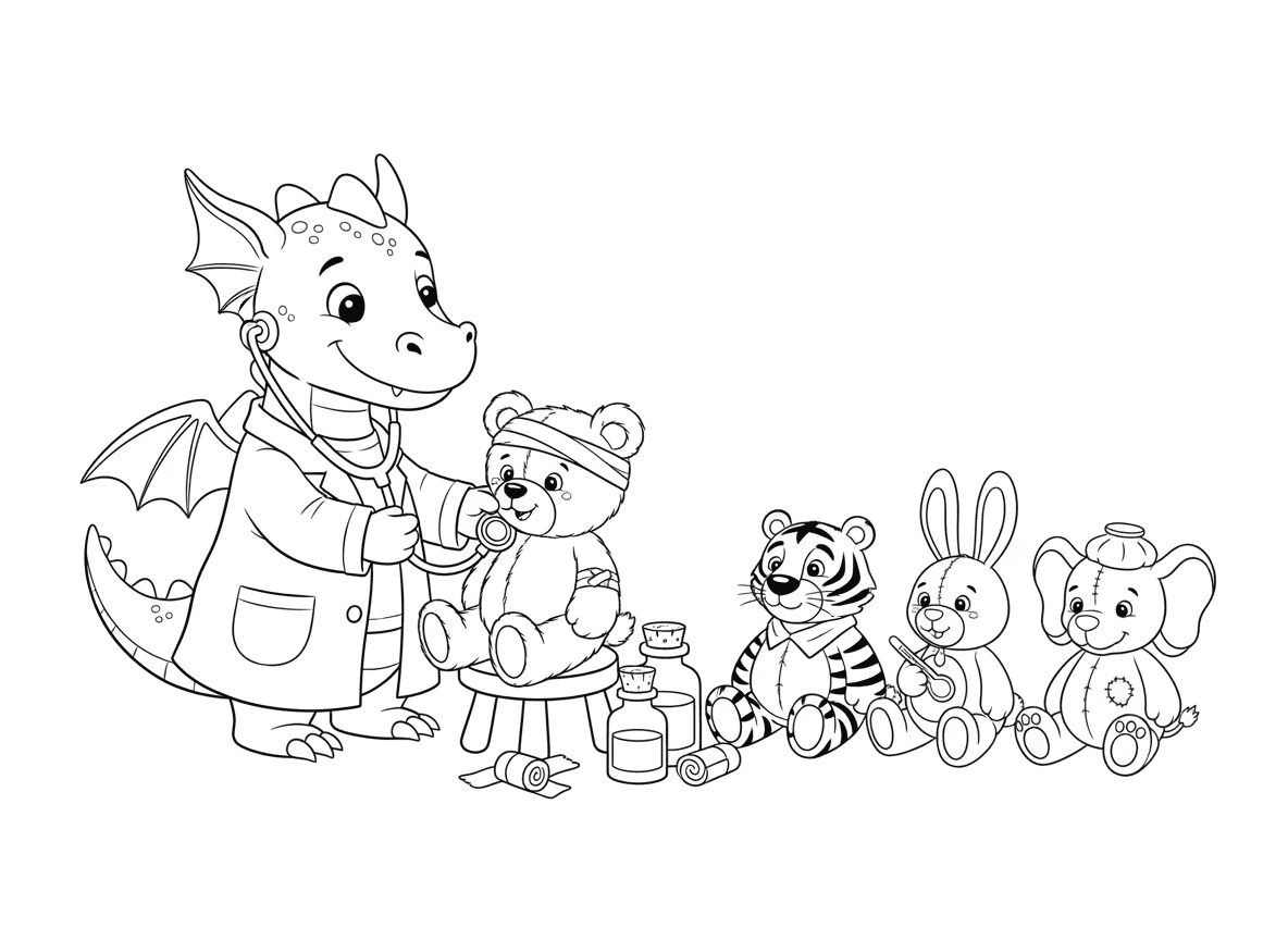 דרקון רופא בודק דובי - דרקון לובש חלוק רופא וסטטוסקופ, בודק דובי חולה, תחבושות ובקבוקי תרופות סביב, חיות פרווה אחרות ממתינות בתור