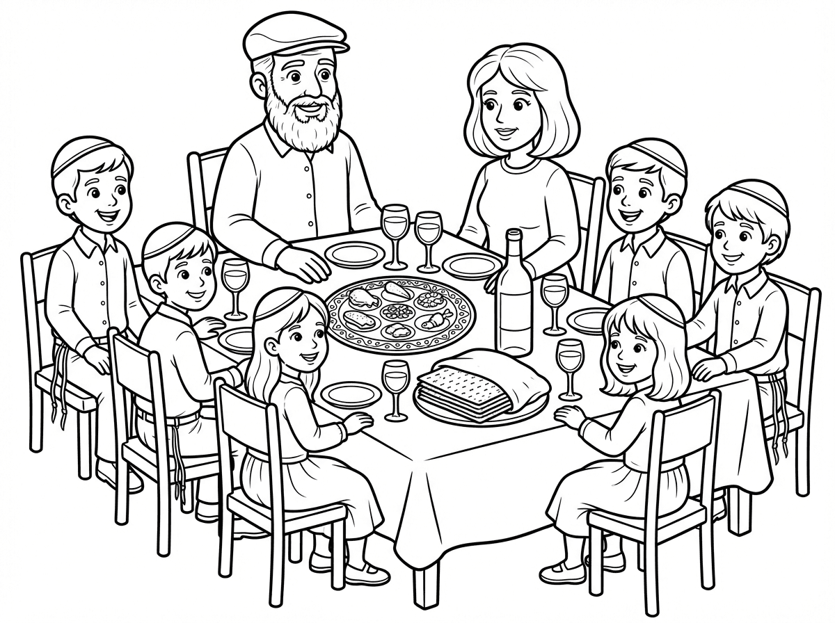עכשיו תמונה של ליל הסדר
והיהודי הזה יושב בראש השולחן של ליל הסדר
מצות על השולחן
עם יין וכוסות
עם קערת ליל הסדר
שרואים שלוש מצות מציצות מתחת לקערה
ילדים עם כיפות חלקות 
חולצה לבנה
ומכנסיים ארוכות חוטי ציצית
לבנות שמלות חגיגיות עם שרוול ארוך שמכסה את הברך
והאשה עם שמלה שנועה וארוכה ופאה עד הכתף