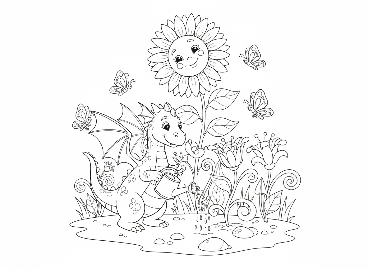 דרקון גנן מגדל פרחים - דרקון עדין מטפל בגינה קסומה, משקה פרחים עם משפך קטן, פרחים גדלים ענקיים מחום הדרקון, פרפרים עוזרים, חמניות גבוהות מהדרקון