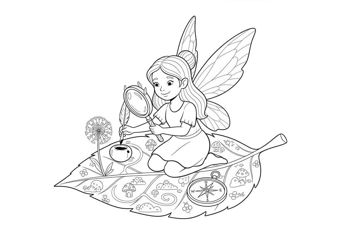 פייה יוצרת מפות - פייה קרטוגרפית מכינה מפה מפורטת של ממלכת הפיות על עלה גדול, עט נוצה זעיר, דיו מפירות יער, מצפן מפרח שן הארי, זכוכית מגדלת מטיפת טל