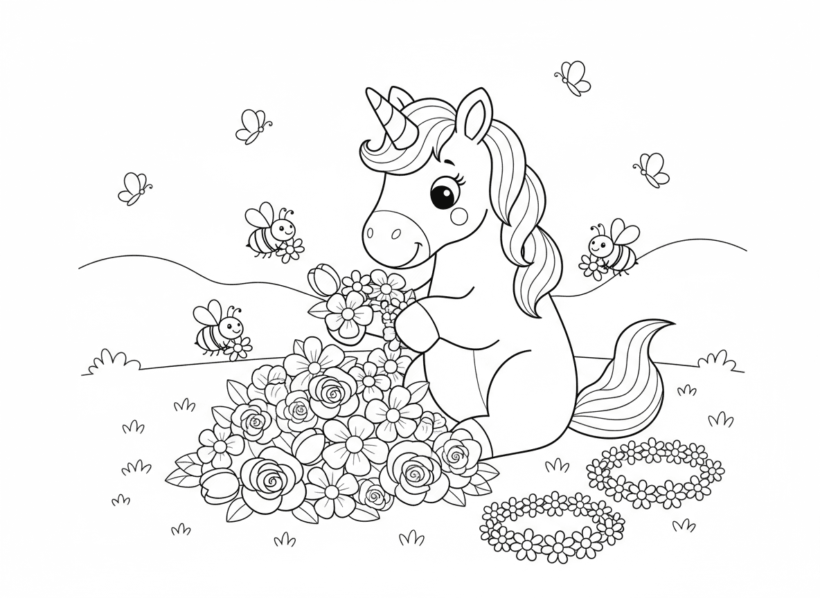 חד קרן מכין כתר פרחים - חד קרן מכין בזהירות כתר פרחים עם הקרן והפה, יושב באחו, ערימת פרחים צבעוניים, כתרים מוכנים בקרבת מקום, דבורים עוזרות לאסוף פרחים