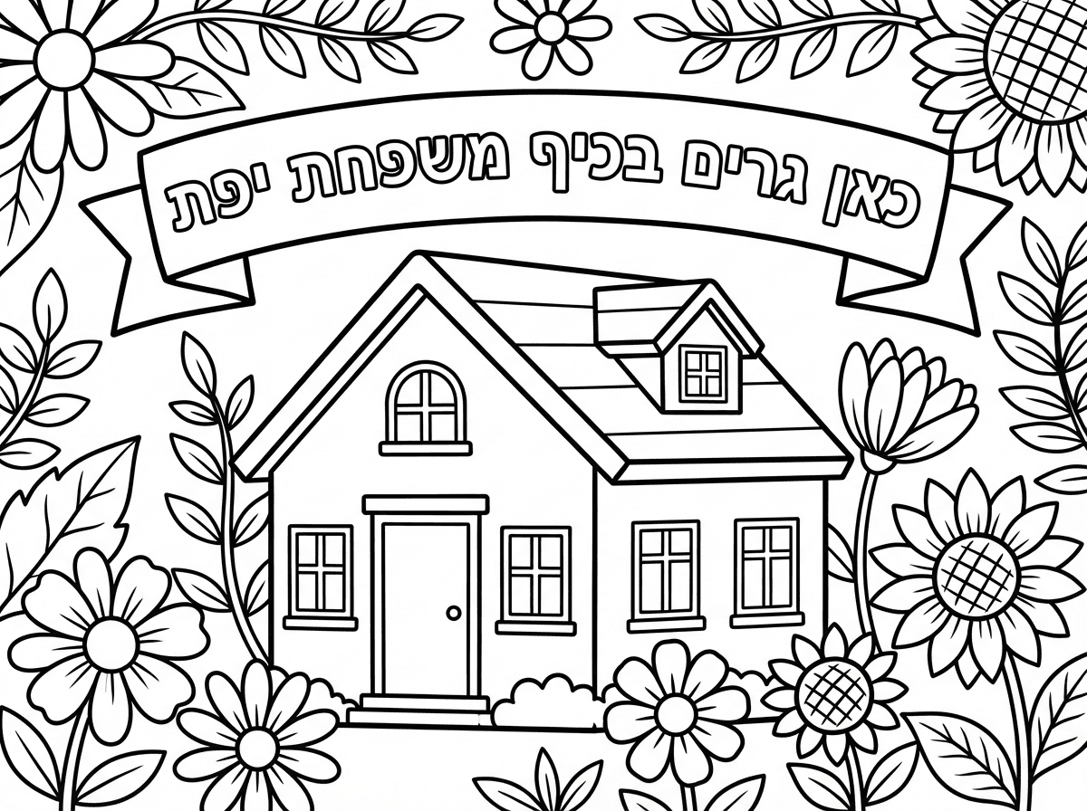 דף צביעה כאן גרים בכיף משפחת יפת -ברקע ססגוני ופרחוני והמלל בעיברית