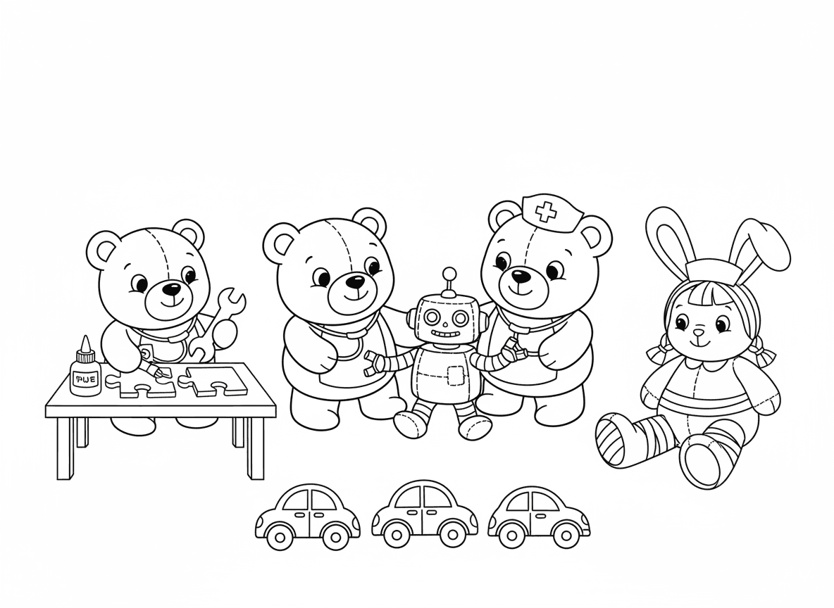 בית חולים לצעצועים שבורים - דובונים רופאים עם סטטוסקופים, בובות אחיות חובשות ארנב פרווה קרוע, מכוניות צעצוע מחכות בתור לתיקון גלגלים, קופץ מקופסה מתקן את הקפיץ, וחלק פאזל מודבק בחזרה