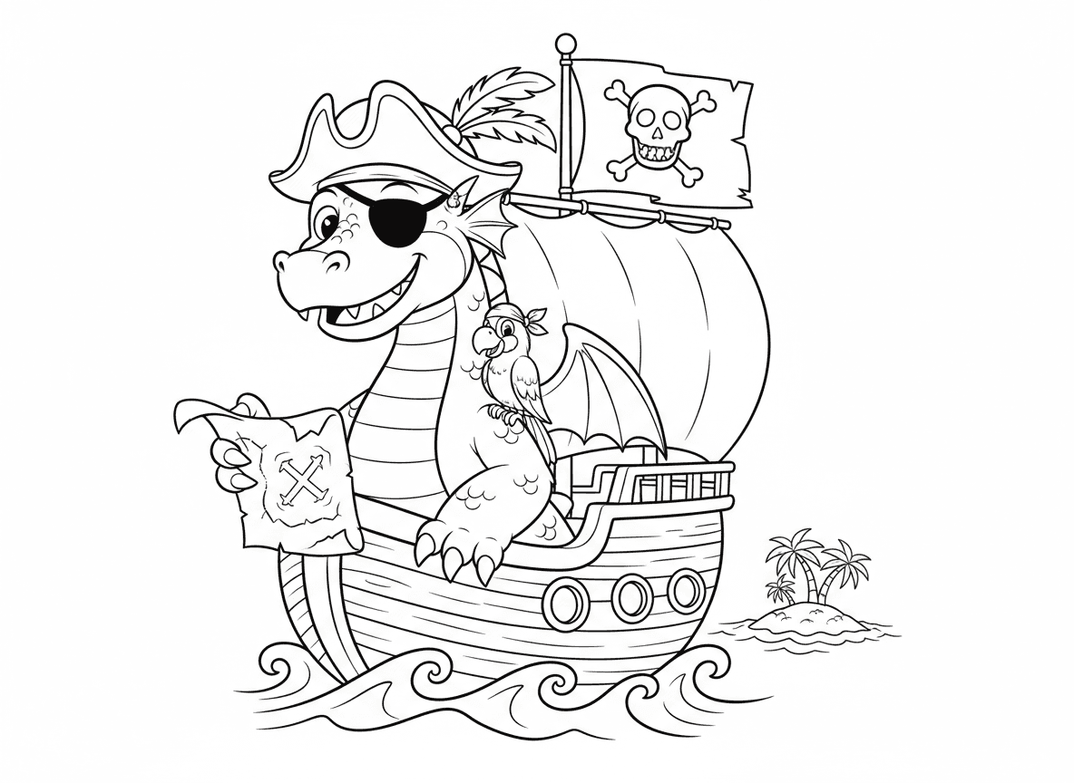 דרקון פיראט על ספינה - דרקון קפטן פיראט על ספינה, רטיית עין, כובע פיראט, מפת אוצרות בטופר, תוכי על כתף, דגל פיראט עם גולגולת דרקון, גלי ים, אי במרחק